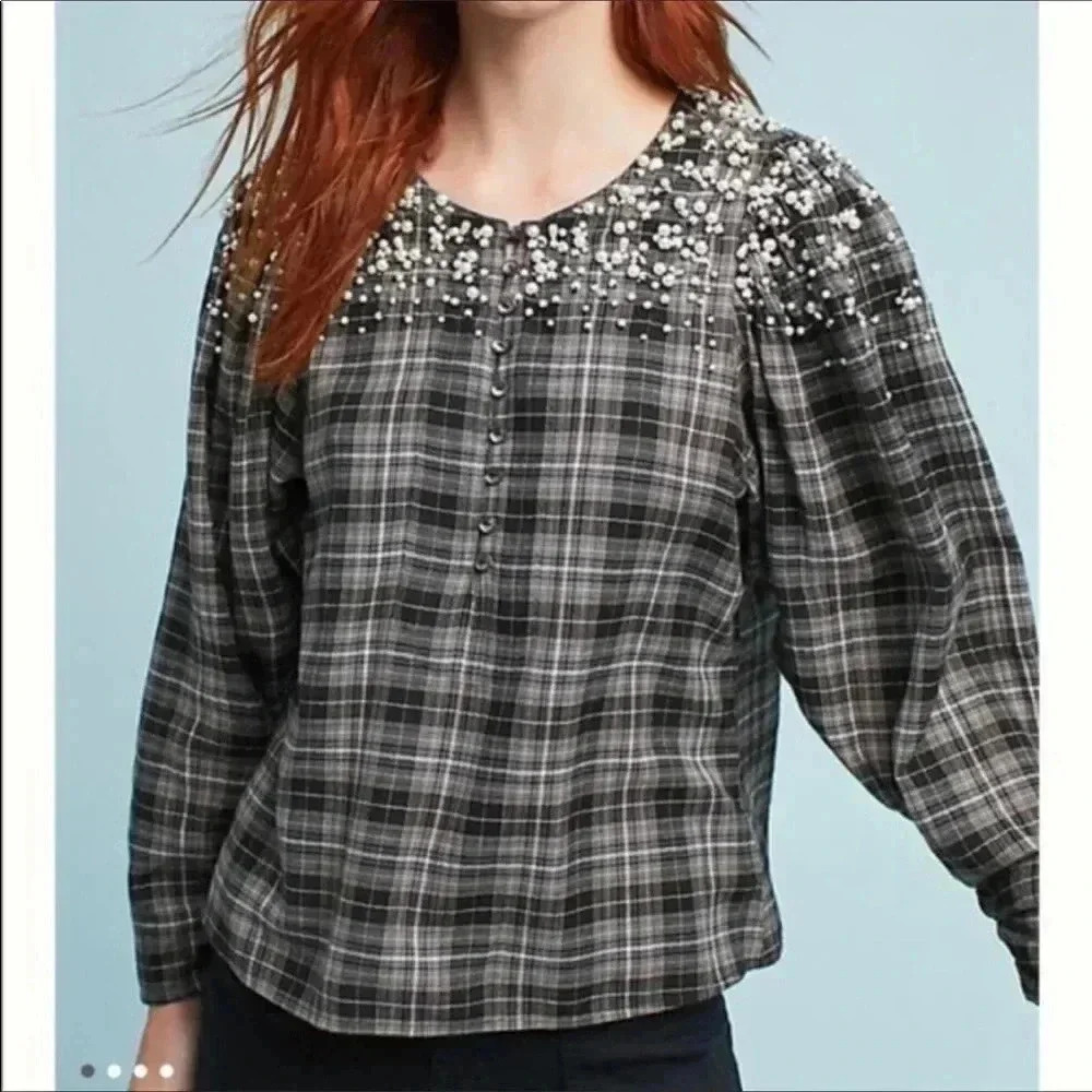 Anthropologie Akemi+Kin Pearl Embellished Flannel